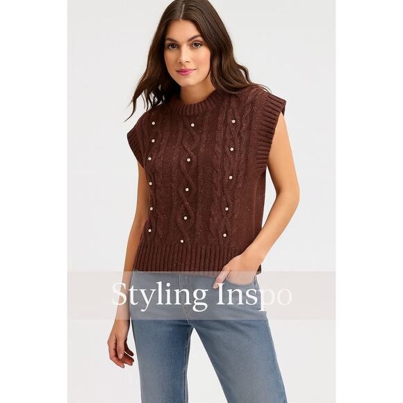 OntWelfth Metallic Knit Sleeveless Sweater Vest with Pearls – Brown Shimmer, XL - Picture 3 of 15